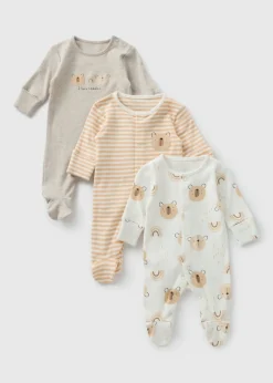 3 Pack Baby Beige Bear Sleepsuits (Newborn-18mths)