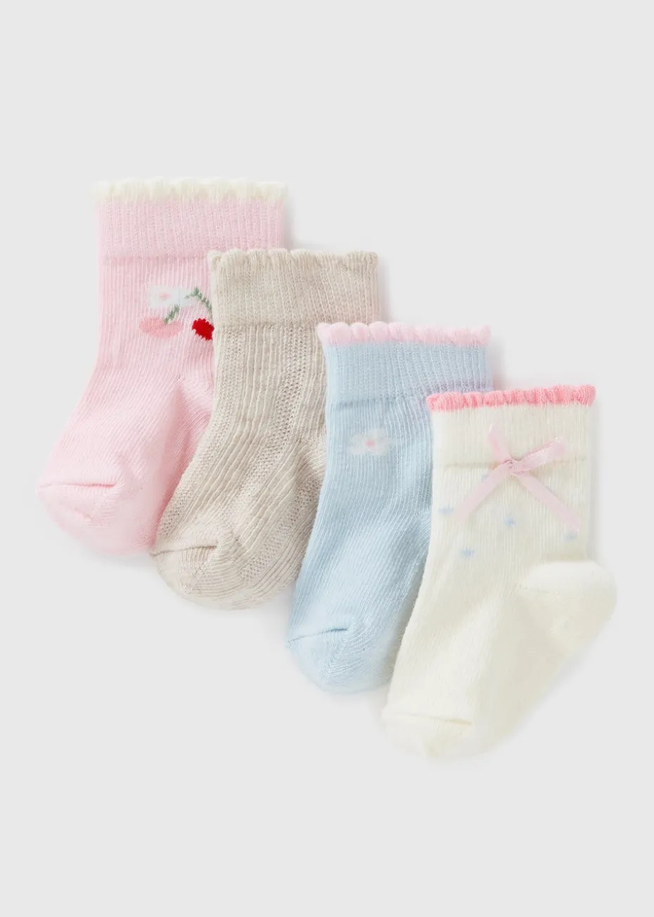 4 Pack Baby Multicolour Cherry Flower Socks (Newborn-24mths)