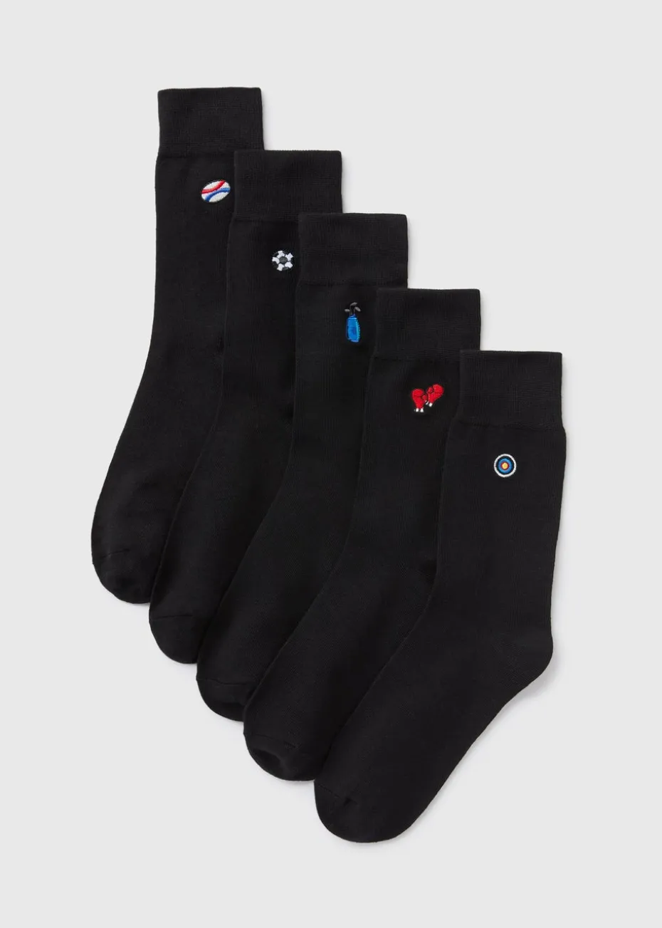 5 Pack Black Embroidery Sport Socks
