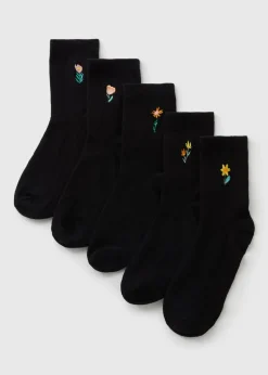 5 Pack Black Floral Embellished Crew Socks