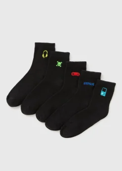 5 Pack Black Gamer Socks (Younger 6-Older 6.5)