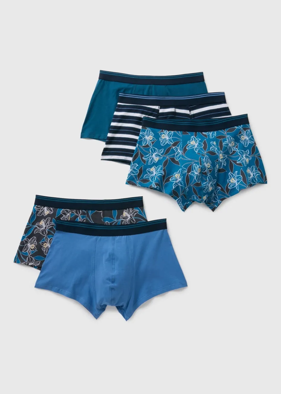 5 Pack Blue Flower Stripe Boxers
