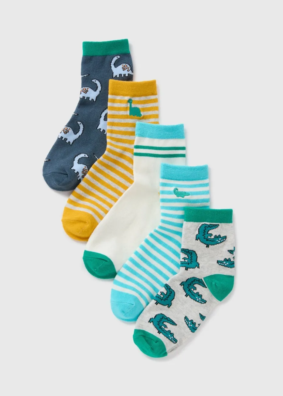 5 Pack Boys Multicolour Dino Socks (Younger 6-Older 6.5)