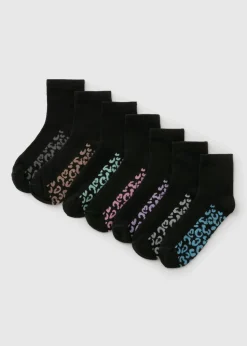 7 Pack Girls Black Leopard Socks (Younger 6-Older 6.5)