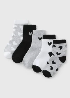 5 Pack Girls Black Mono Heart Socks (Younger 6-Older 6.5)