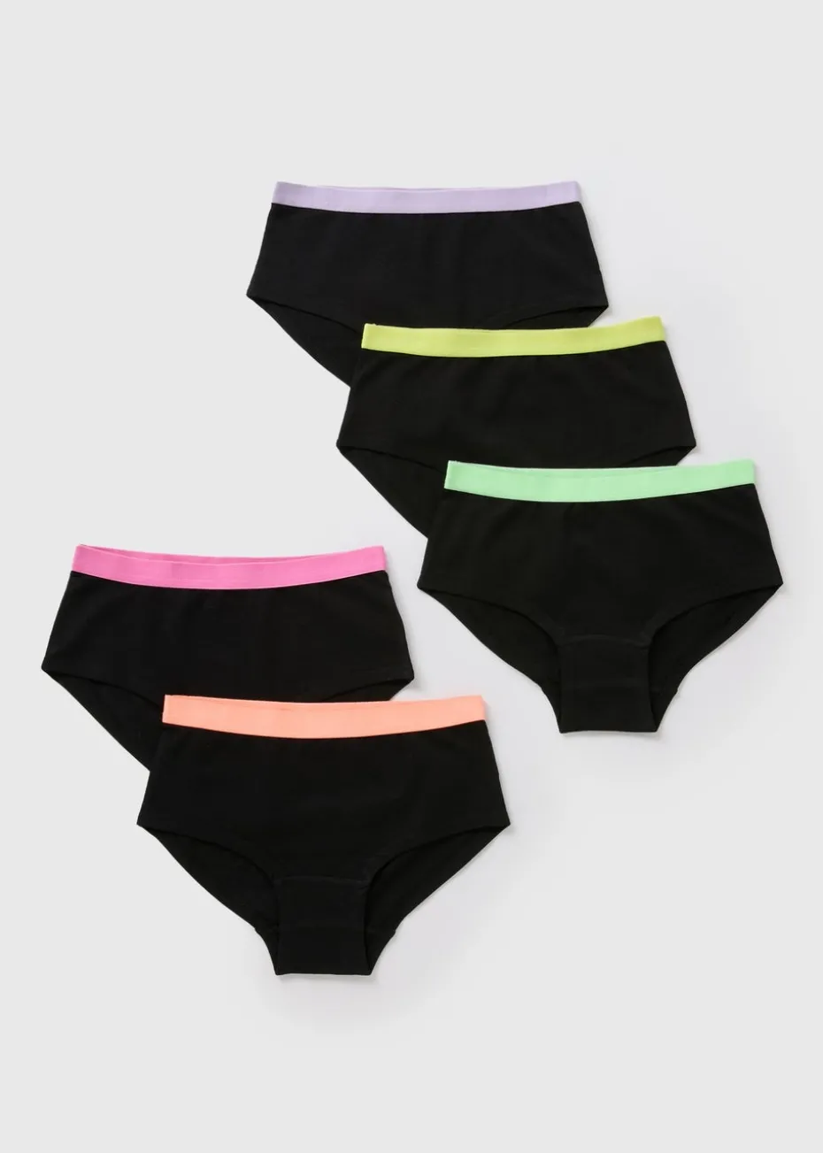 5 Pack Girls Black Neon Tape Hipster Briefs (6-13yrs)