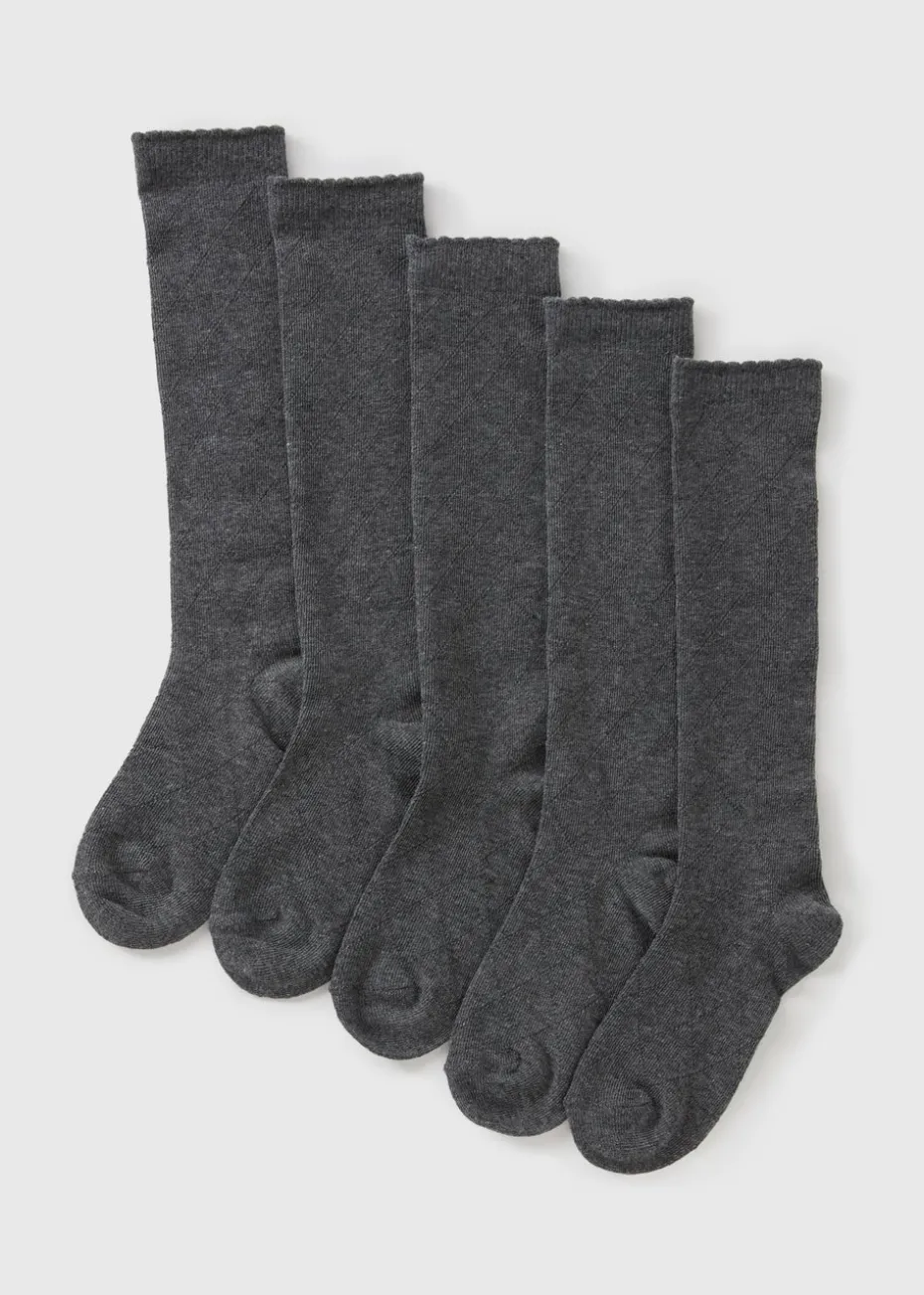 5 Pack Girls Grey Diamond Knee High Socks (Younger 6-Older 6.5)