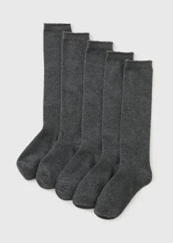 5 Pack Girls Grey Knee Length Socks (Younger 6-Older 6.5)