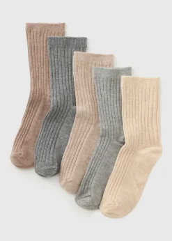 5 Pack Girls Neutral Ribbed Socks (Younger 9-Older 6.5)