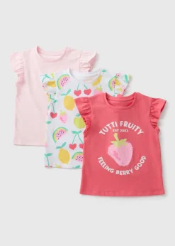 3 Pack Girls Pink Fruit Frill Sleeve T-Shirts (1-7yrs)