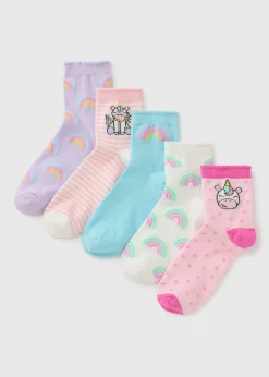 5 Pack Girls Pink Unicorn Socks (Younger 6-Older 6.5)