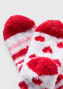 2 Pack Girls Red Heart Valentines Fluffy Socks (Younger 6-5.5)