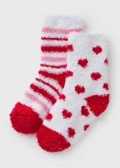 2 Pack Girls Red Heart Valentines Fluffy Socks (Younger 6-5.5)