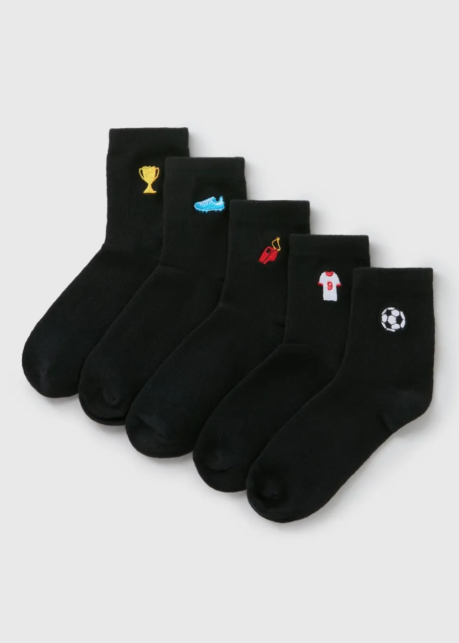 5 Pack Kids Black Football Embroidered Socks (Younger 6-Older 6.5)