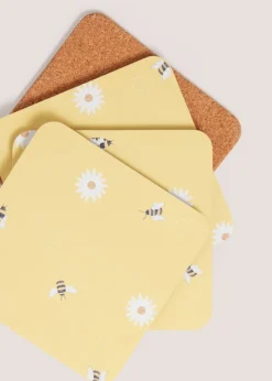 4 Pack Light Yellow Daisy Bee Cork Coasters