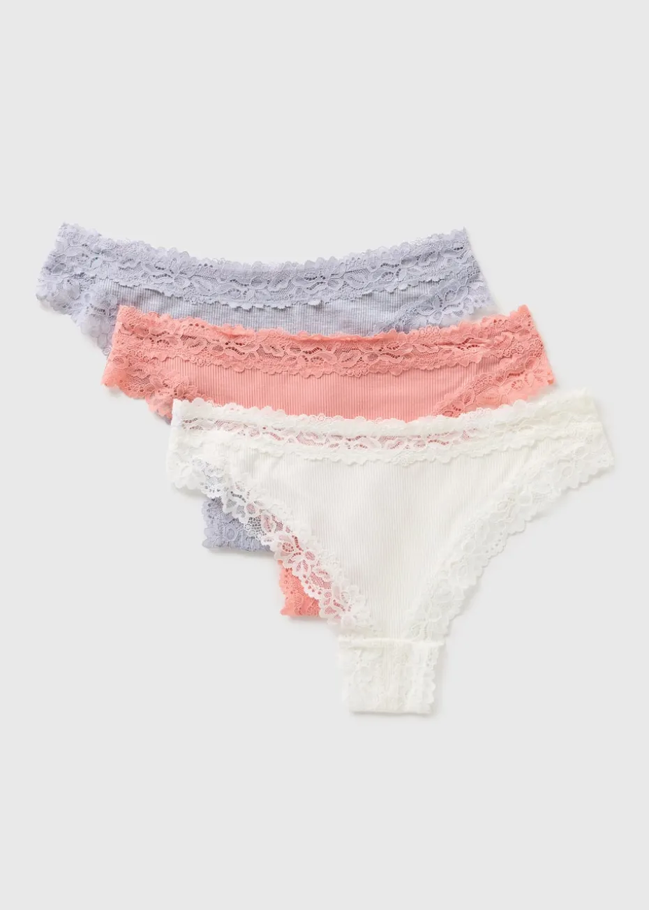 3 Pack Multi Coloured Lace Trim Brazilian Knickers