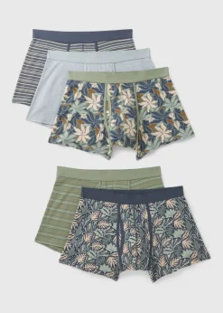 5 Pack Multicolour Leaf Print Keyhole Boxers