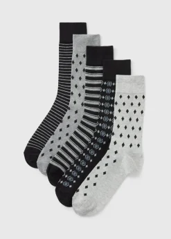 5 Pack Multicolour Mono Patterned Socks