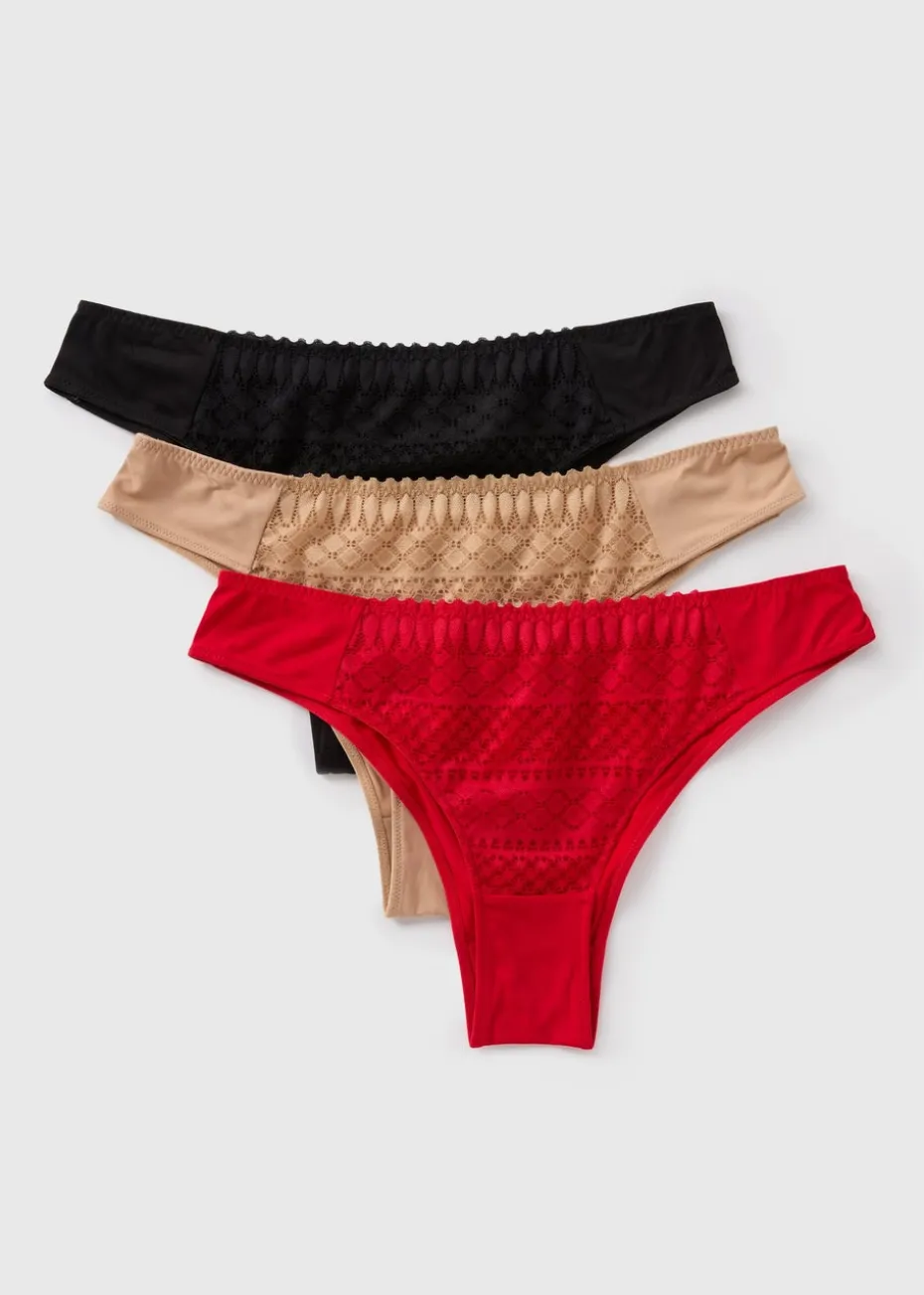 3 Pack Multicoloured Brazilian Geometric Lace Knickers