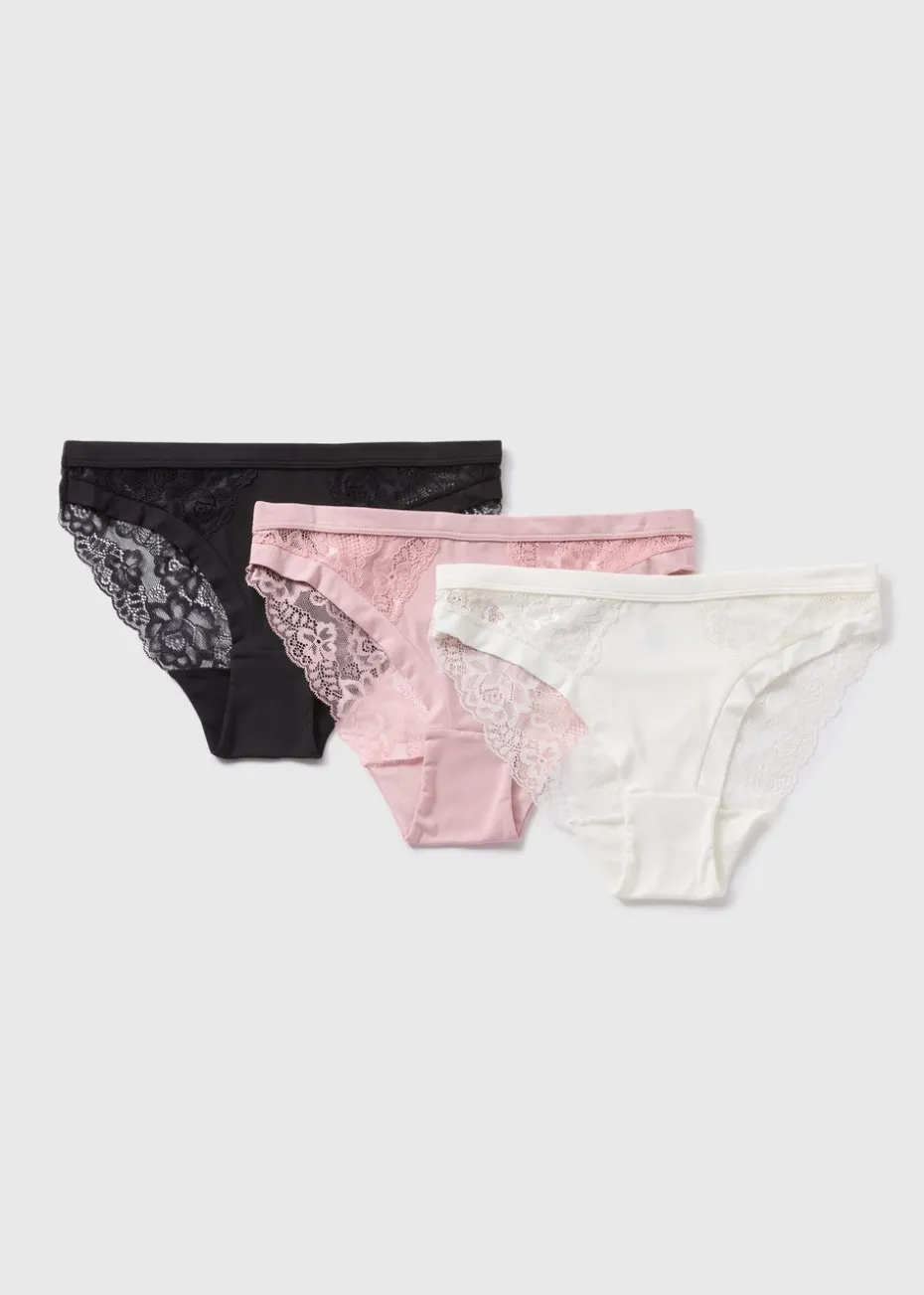 3 Pack Multicoloured Brushed Lace High Leg Knickers