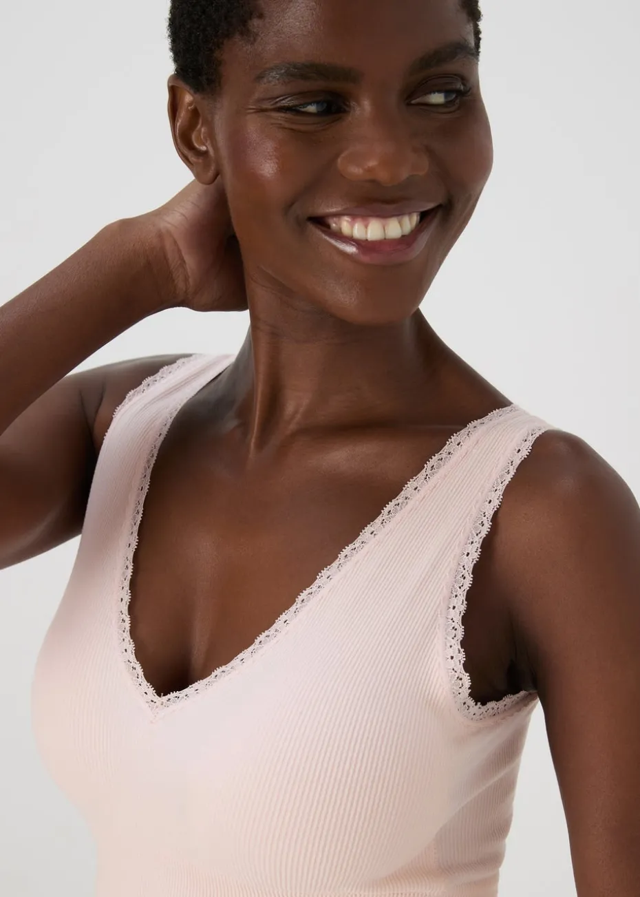 2 Pack Seamless Pink & Black Padded Lace Trim Crop Top