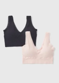 2 Pack Seamless Pink & Black Padded Lace Trim Crop Top