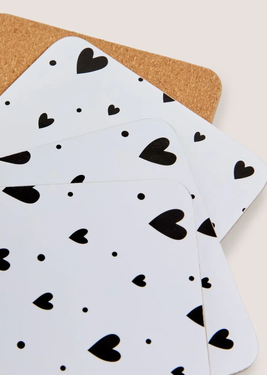 4 Pack White & Black Heart Cork Coasters