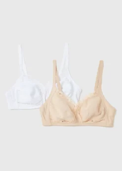 2 Pack White & Nude Non Wired Lace Trim Bras