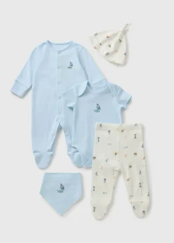 5 Piece Baby Blue Boat Sleepsuit & Bodysuit Set (Newborn-6mths)