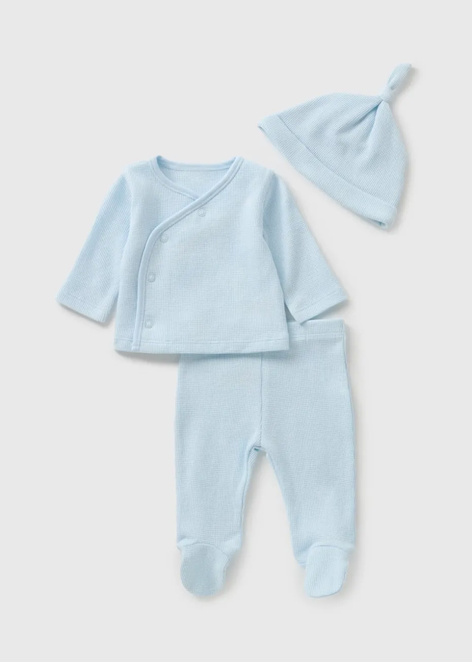 3 Piece Baby Blue Waffle Top & Trouser Set (Newborn-12mths)