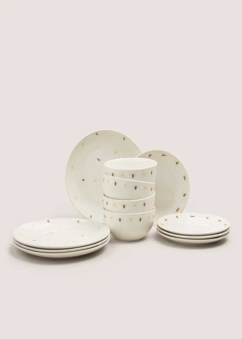 12 Piece Cream Bee & Daisy Print Dinner Set