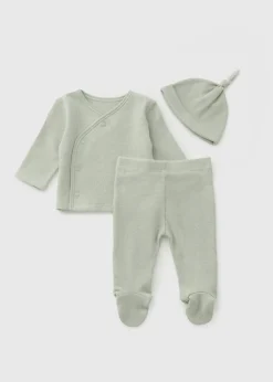 3 Piece Sage Blue Waffle Top & Trouser Set (Newborn-12mths)
