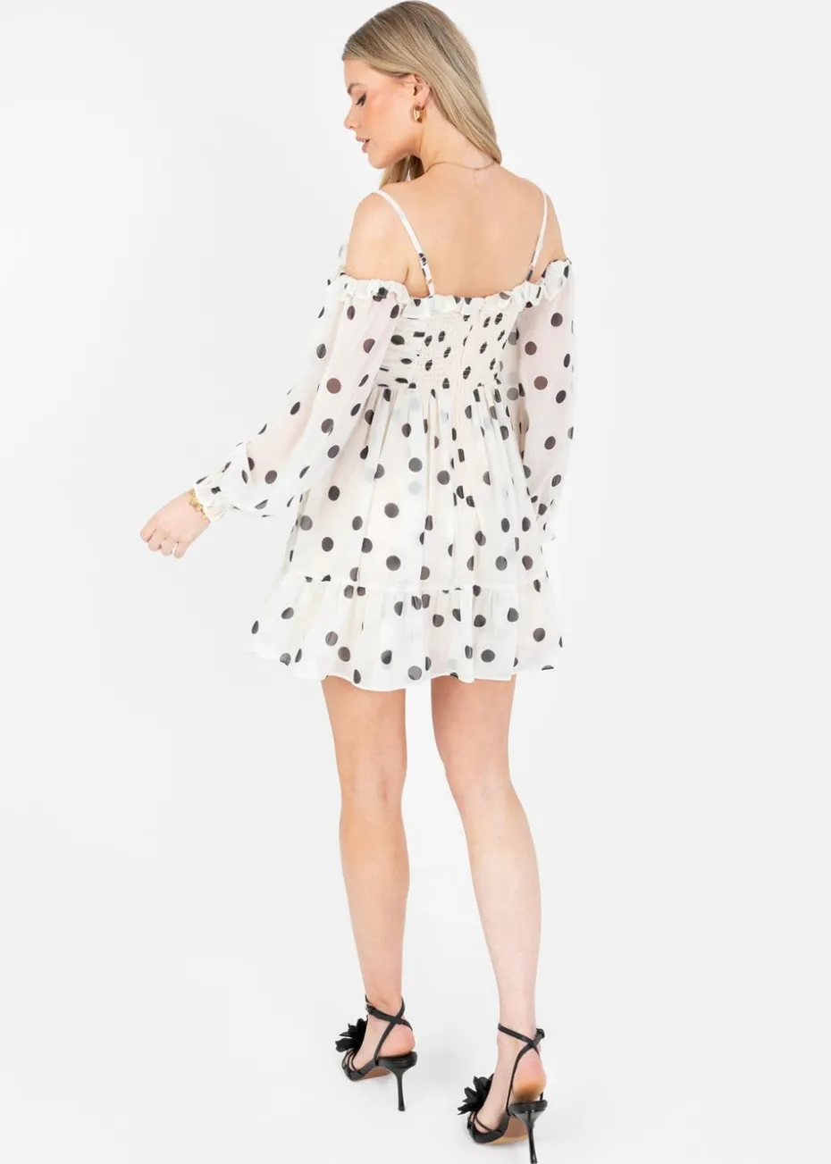 Anaya With Love Cream Polka Dot Bardot Long Sleeve Mini Dress