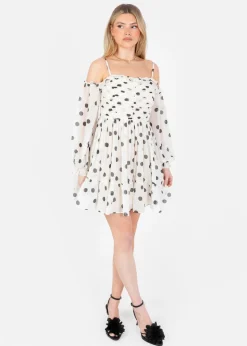 Anaya With Love Cream Polka Dot Bardot Long Sleeve Mini Dress