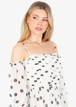 Anaya With Love Cream Polka Dot Bardot Long Sleeve Mini Dress