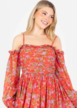 Anaya With Love Multi Coloured Floral Print Bardot Long Sleeve Mini Dress