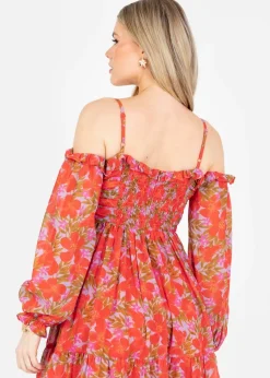 Anaya With Love Multi Coloured Floral Print Bardot Long Sleeve Mini Dress