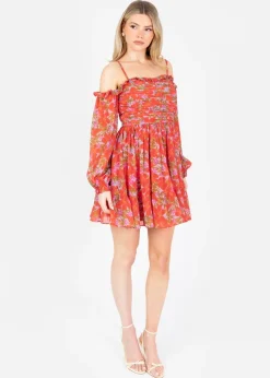 Anaya With Love Multi Coloured Floral Print Bardot Long Sleeve Mini Dress