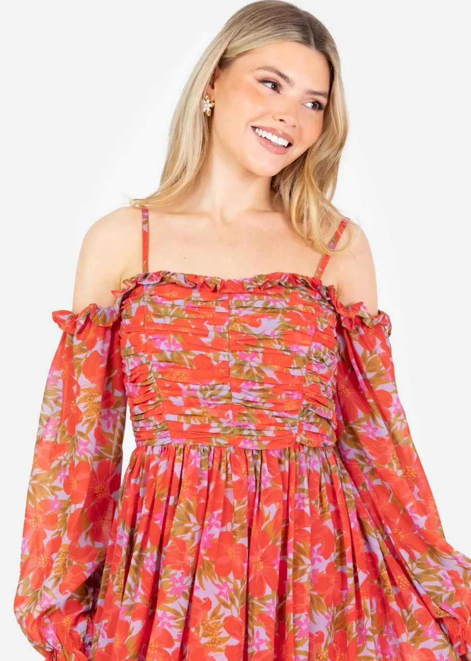 Anaya With Love Multi Coloured Floral Print Bardot Long Sleeve Mini Dress