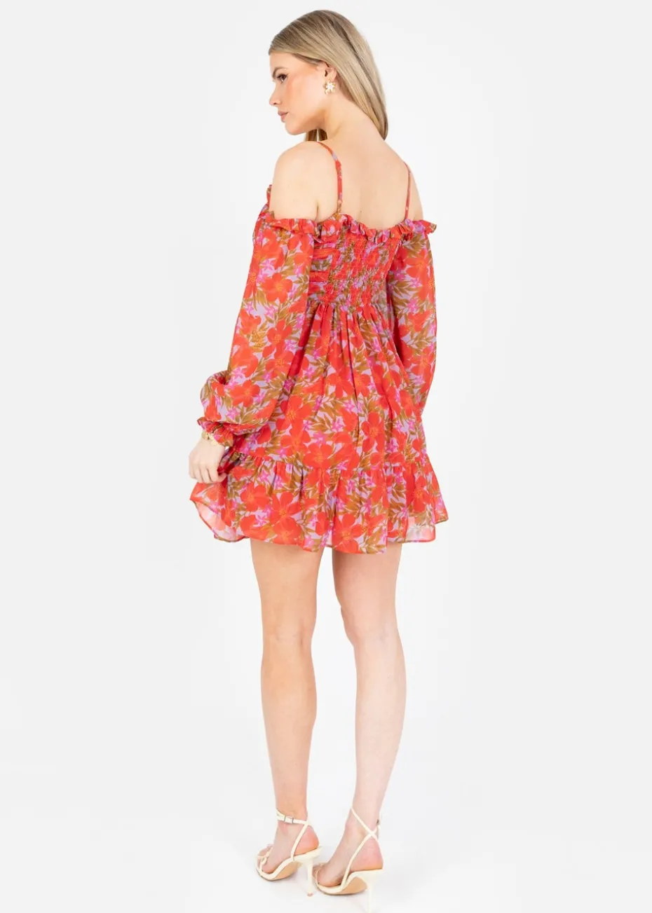 Anaya With Love Multi Coloured Floral Print Bardot Long Sleeve Mini Dress
