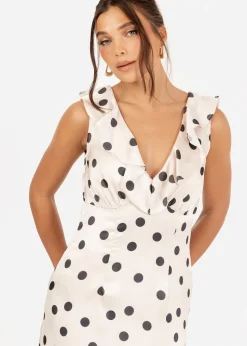 Anaya With Love White Satin Polka Dot Asymmetric Midi Dress