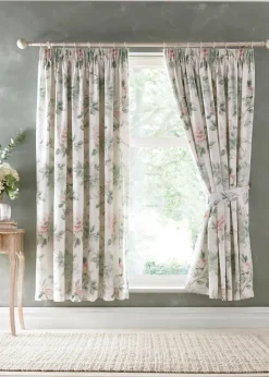 Appletree Heritage Campion Sateen Green Pencil Pleat Curtains With Tie-Backs