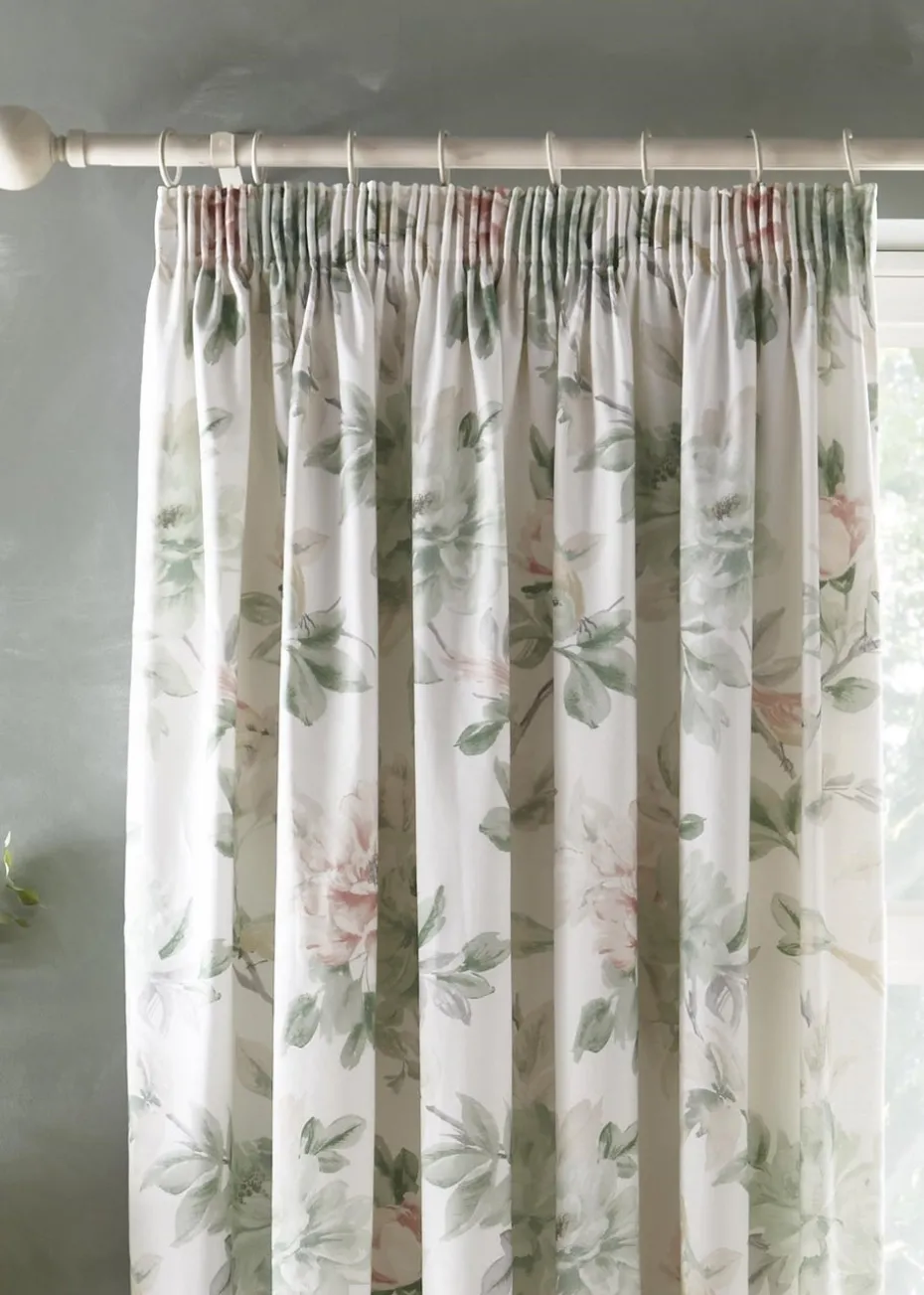 Appletree Heritage Campion Sateen Green Pencil Pleat Curtains With Tie-Backs