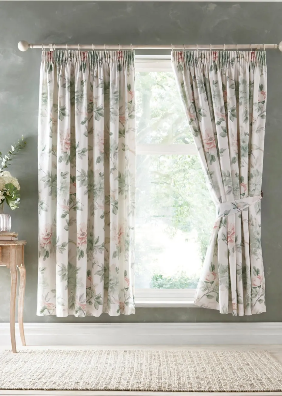 Appletree Heritage Campion Sateen Green Pencil Pleat Curtains With Tie-Backs