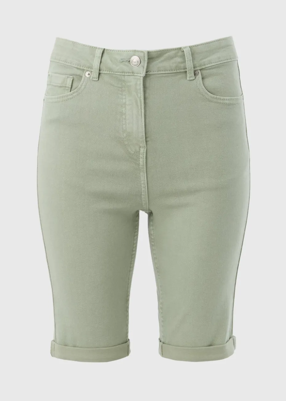 April Green Denim Knee Shorts
