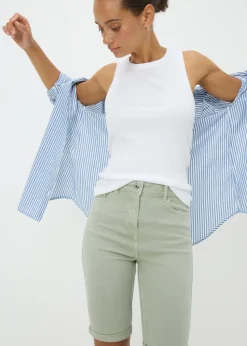 April Green Denim Knee Shorts