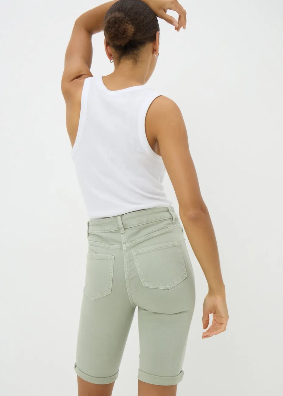 April Green Denim Knee Shorts