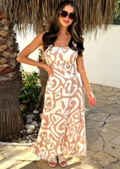 AX Paris Beige Abstract Print Shirred Straps Button Detail Midi Dress