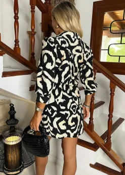 AX Paris Black & Cream Abstract Print 3/4 Sleeves Waist Side Tie Mini Dress
