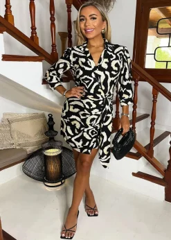 AX Paris Black & Cream Abstract Print 3/4 Sleeves Waist Side Tie Mini Dress